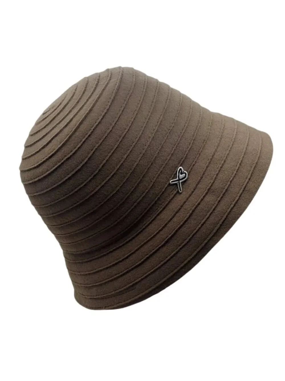 Betmar New York Wool Felt Brown Cloche Hat With Ribbed Texture & Heart Accent
